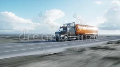 <strong>加油</strong>机，油车，<strong>高</strong>速公路上的卡车。 开得很快。 现实的4k动画。 石油概念。